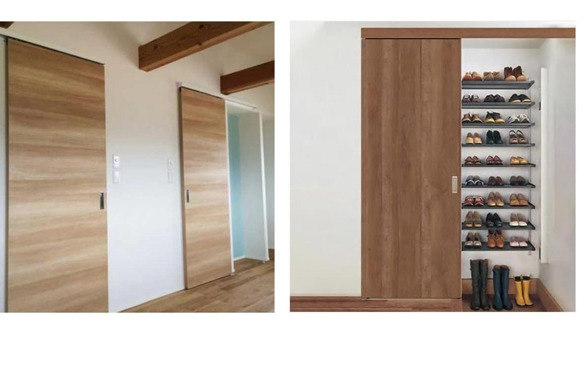 Sliding Door — Light Wood Plank with Shoe Rack