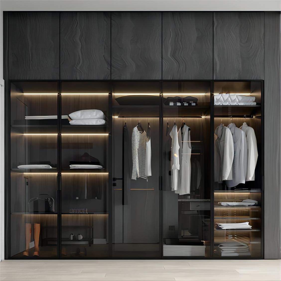 Wardrobe — Glass-Front Walk-In with Lighting